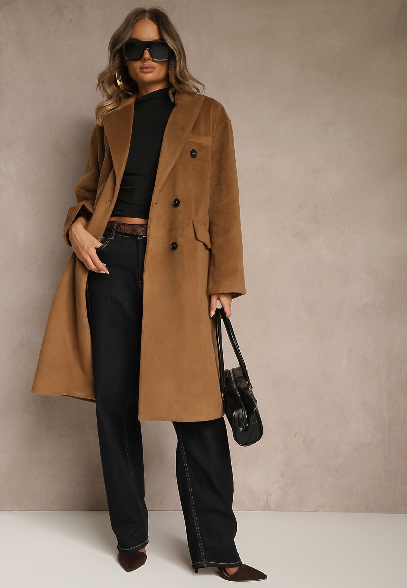 Brązowy Klasyczny Płaszcz Dwurzędowy z Kieszeniami Tereti