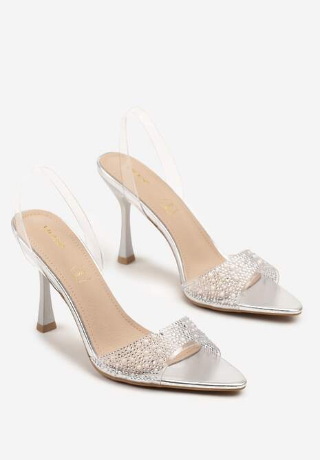 Srebrne Sandały Vices na Szpilce z Wkładką ze Skóry Naturalnej z Cyrkoniami Lumerelle