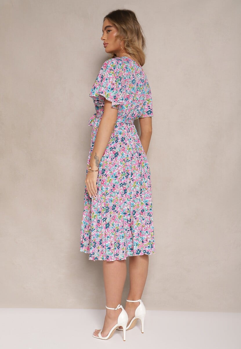 Różowa Sukienka z Plisami w Kwiecisty Print o Rozkloszowanym Kroju Lanelin