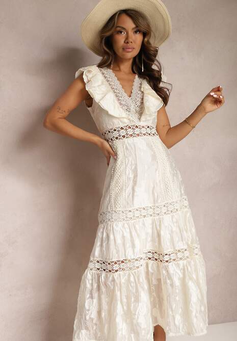 Jasnobeżowa Koronkowa Sukienka z Ażurowymi Wstawkami i Falbanką Rehlia