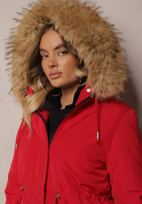 Czerwona Kurtka Parka Mocno Ocieplana z Futerkiem przy Kapturze z Możliwością Odpięcia Sialthira