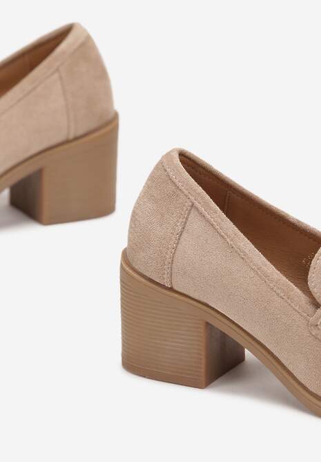 Beżowe Półbuty na Słupku z Kwadratowym Noskiem Zeze