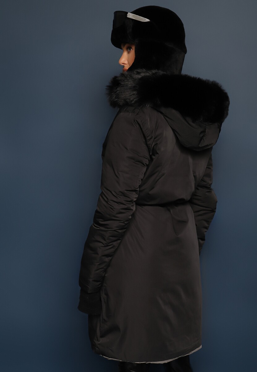 Szaro-Czarna Długa Kurtka Płaszcz o Dwustronnym Fasonie z Kapturem Astrae