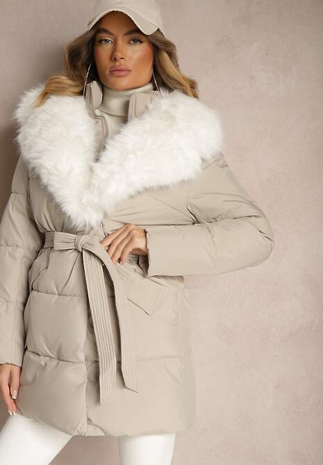 Beżowa Kurtka Ozdobiona Pikowaniem Odpinanym Kołnierzem z Futerkiem i Paskiem Edanora