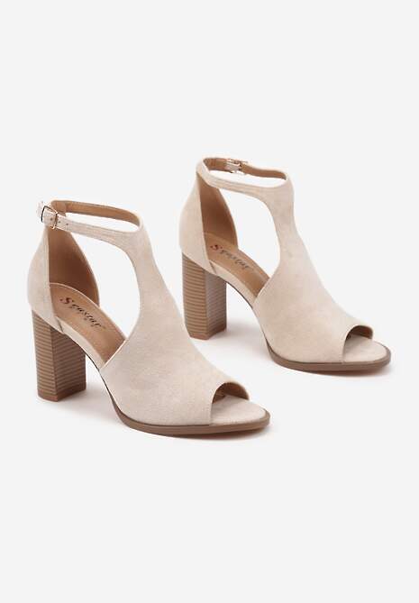 Beżowe Sandały na Obcasie Typu Słupek ze Szpiczastym Noskiem i Sprzączką Danowinn