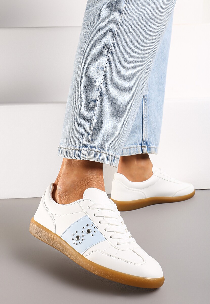 Biało-Niebieskie Sneakersy na Płaskiej Podeszwie z Wiązaniem i Ozdobną Wstawką Drukesti