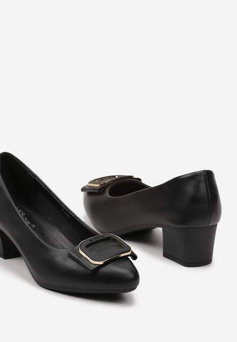 Czarne Czółenka na Niewysokim Słupku z Klamrą na Nosku Ealoella