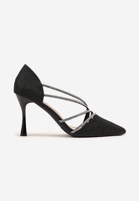 Czarne Brokatowe Szpilki z Cyrkoniowym Zdobieniem Dolerra