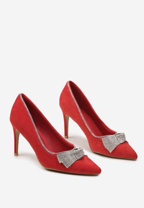 Czerwone Szpilki z Cyrkoniowymi Kokardami ze Szpiczastym Noskiem Crandia