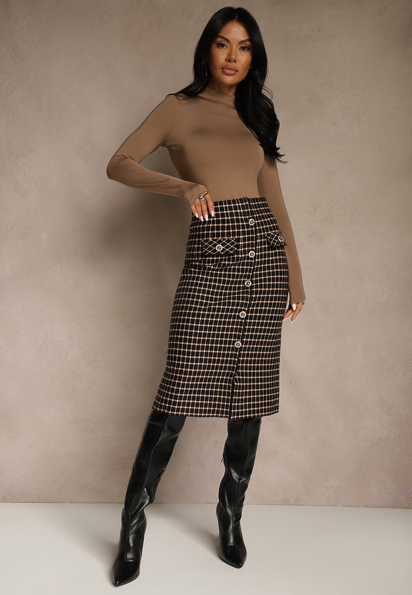 Czarno-Beżowa Tweedowa Spódnica Ołówkowa w Kratę z Guzikami Aretusa