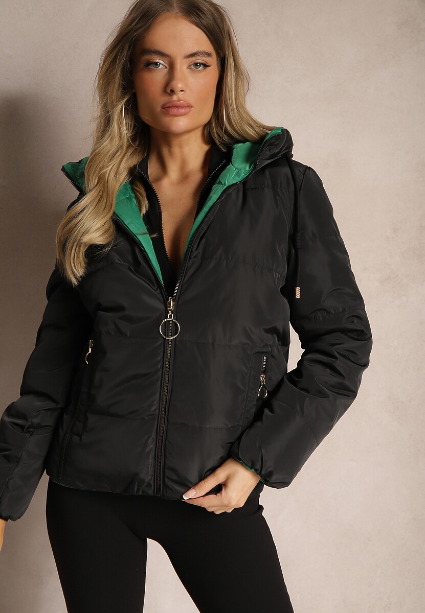 Czarno-Zielona Pikowana Kurtka Dwustronna z Kapturem Ozdobiona Suwakami Nevetila
