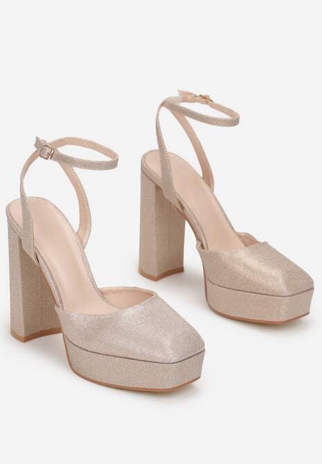 Złote Brokatowe Sandały na Wysokim Słupku i Platformie Minale