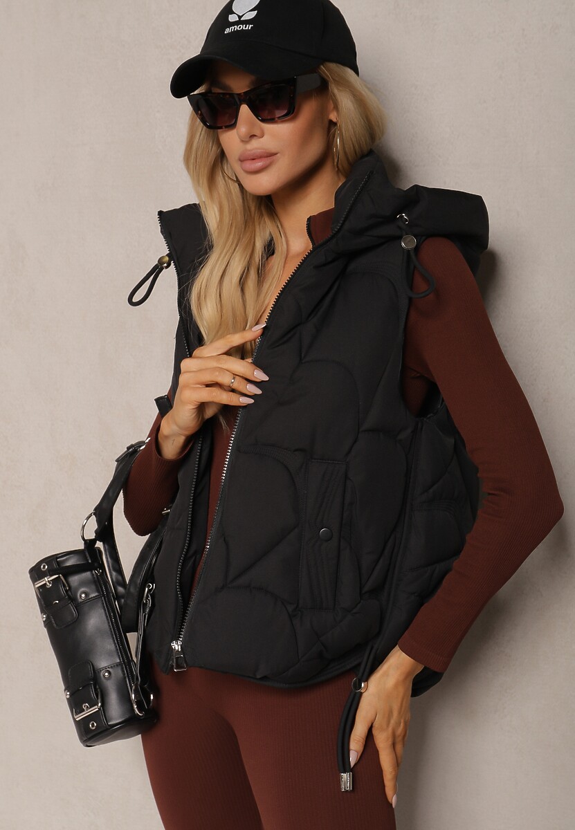 Czarna Kamizelka z Sorony z Kapturem i Kieszeniami z Pikowanym Przeszyciem Nairora