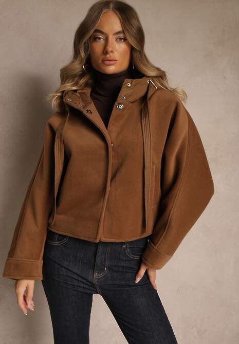 Brązowa Nietoperzowa Kurtka Przejściowa z Kapturem Amiree