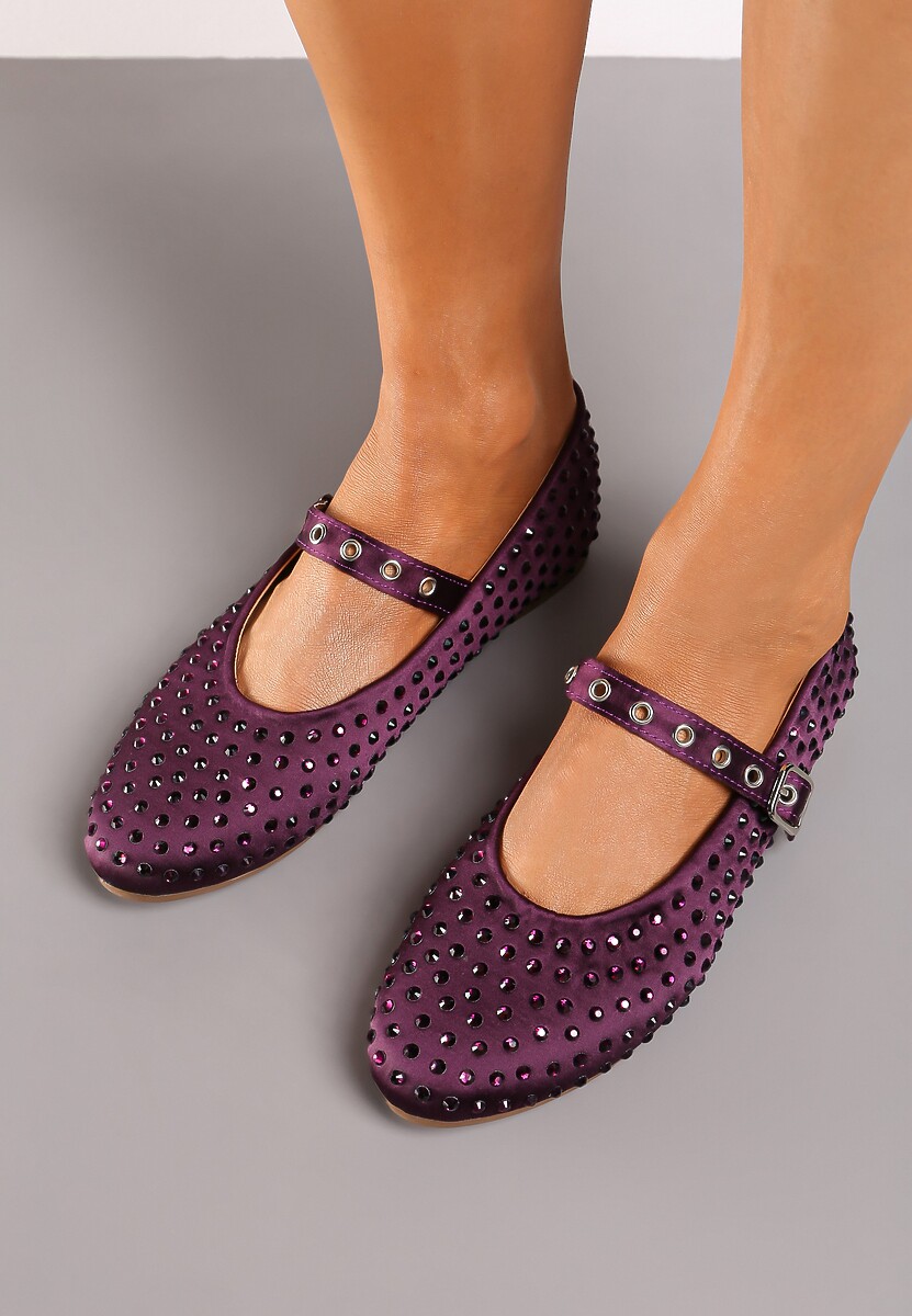 Fioletowe Cyrkoniowe Balerinki w Stylu Mary Jane na Płaskiej Podeszwie z Ozdobnym Paskiem Armiola