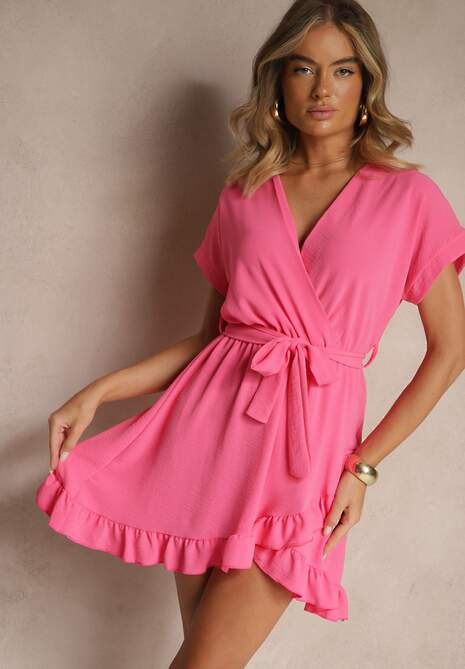 Fuksjowa Sukienka o Rozkloszowanym Kroju z Paskiem i Falbanami Addea