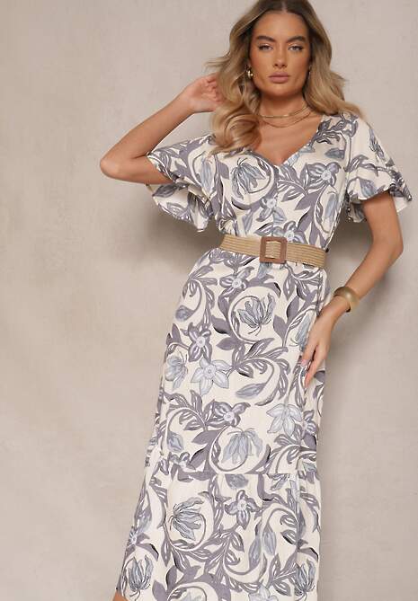 Szara Sukienka Wiskozowa o Pudełkowym Kroju w Kwiatowy Print Ranisla