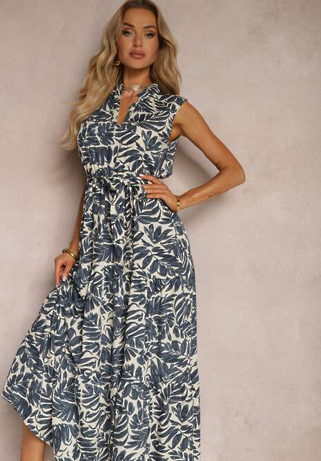 Granatowa Sukienka Maxi z Wiskozy o Rozkloszowanym Kroju Ozdobiona Falbanką i Paskiem Ninaste