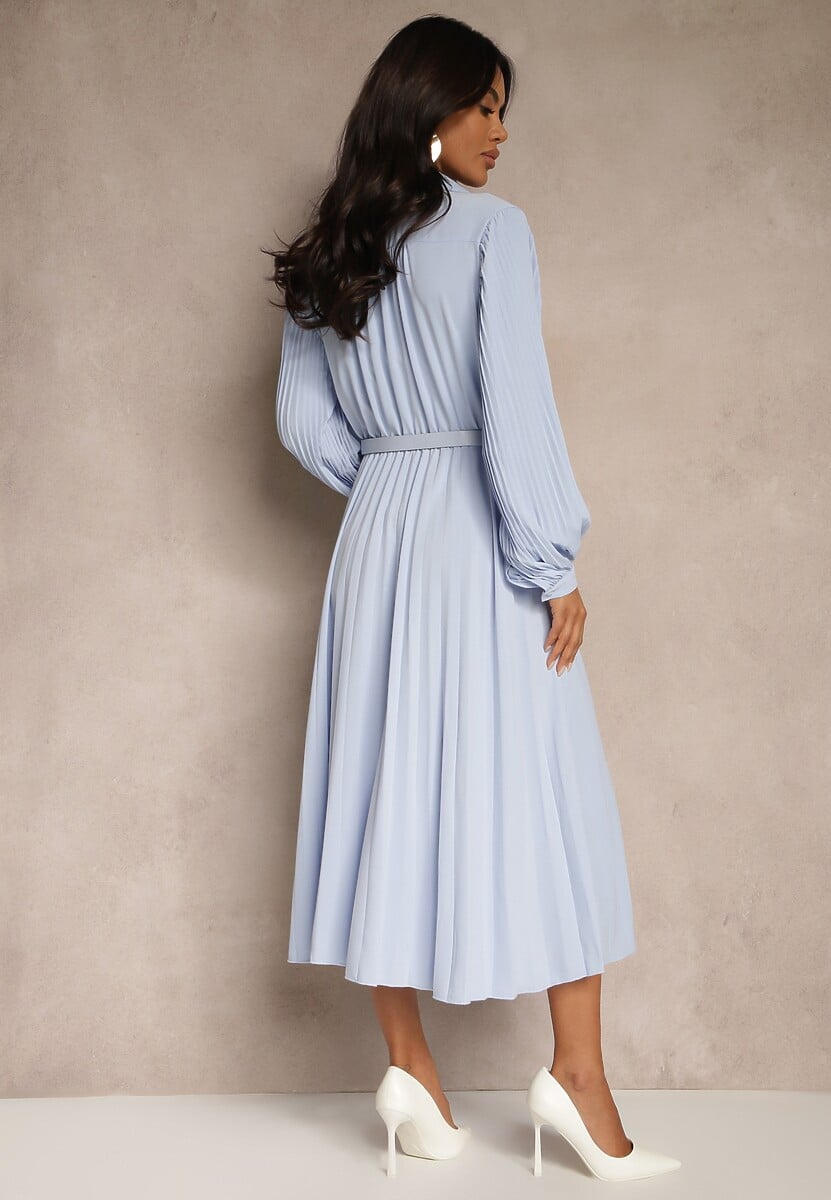 Niebieska Rozkloszowana Sukienka Midi z Guzikami i Paskiem Ozdobiona Plisowaniem Lathori