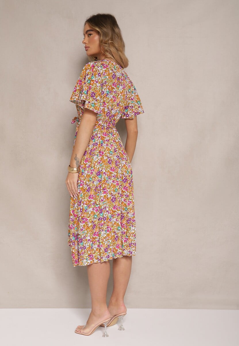 Żółta Sukienka z Plisami w Kwiecisty Print o Rozkloszowanym Kroju Lanelin