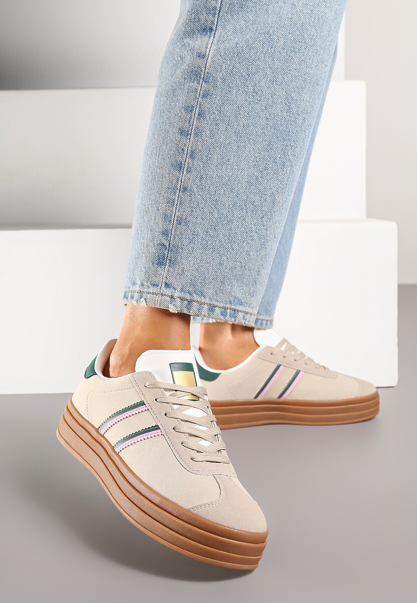 Beżowo-Zielone Klasyczne Sneakersy na Niewysokiej Platformie Terilee