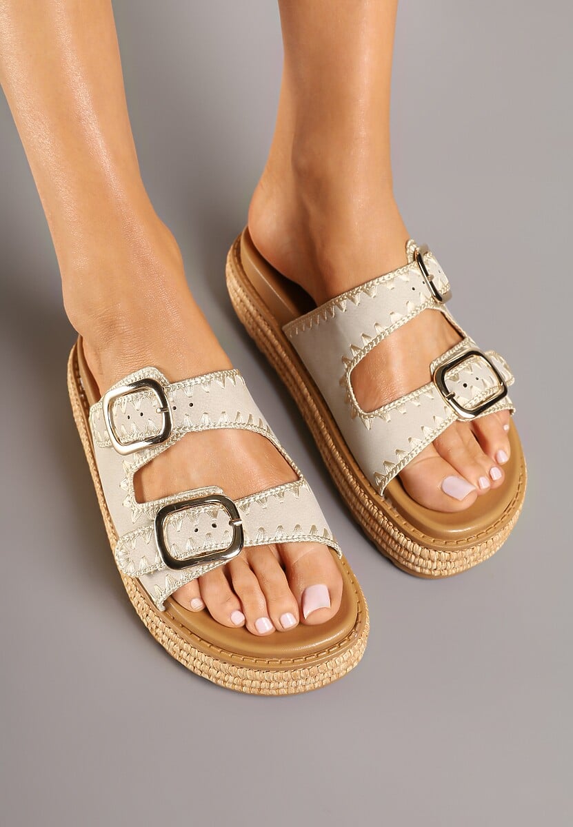 Beżowe Klapki ze Sprzączkami Ozdobione Plecionką Neolana