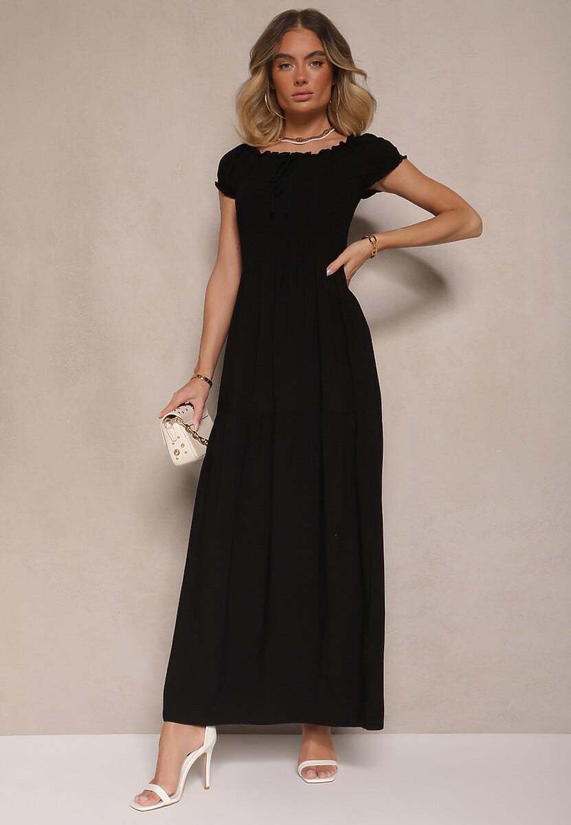 Czarna Sukienka z Wiskozy w Stylu Hiszpanki Ozdobiona Marszczeniem Jenalena