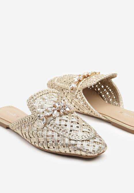 Złote Klapki Mule Ozdobione Cyrkoniami i Metaliczną Nicią Tatosenia