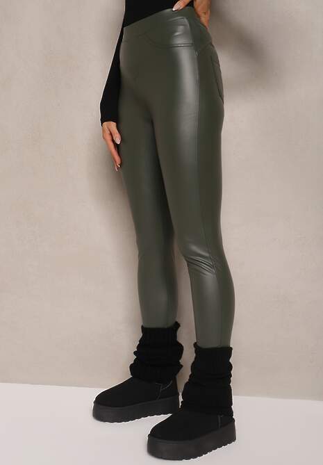 Ciemnozielone Legginsy z Imitacji Skóry High Waist Noriel