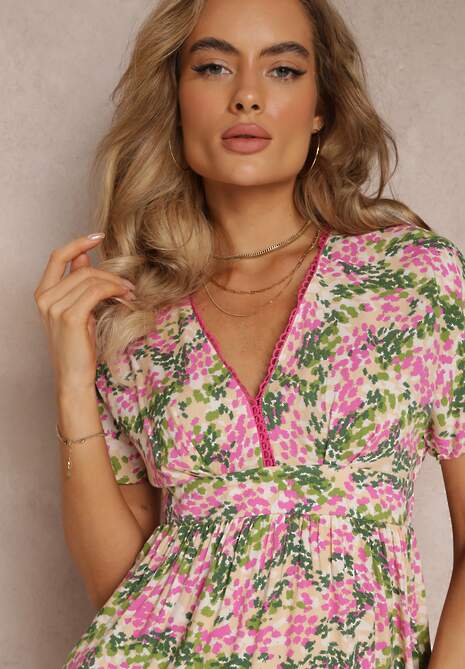 Różowa Rozkloszowana Sukienka Mini z Krótkimi Rękawami z Wiskozy Greenley