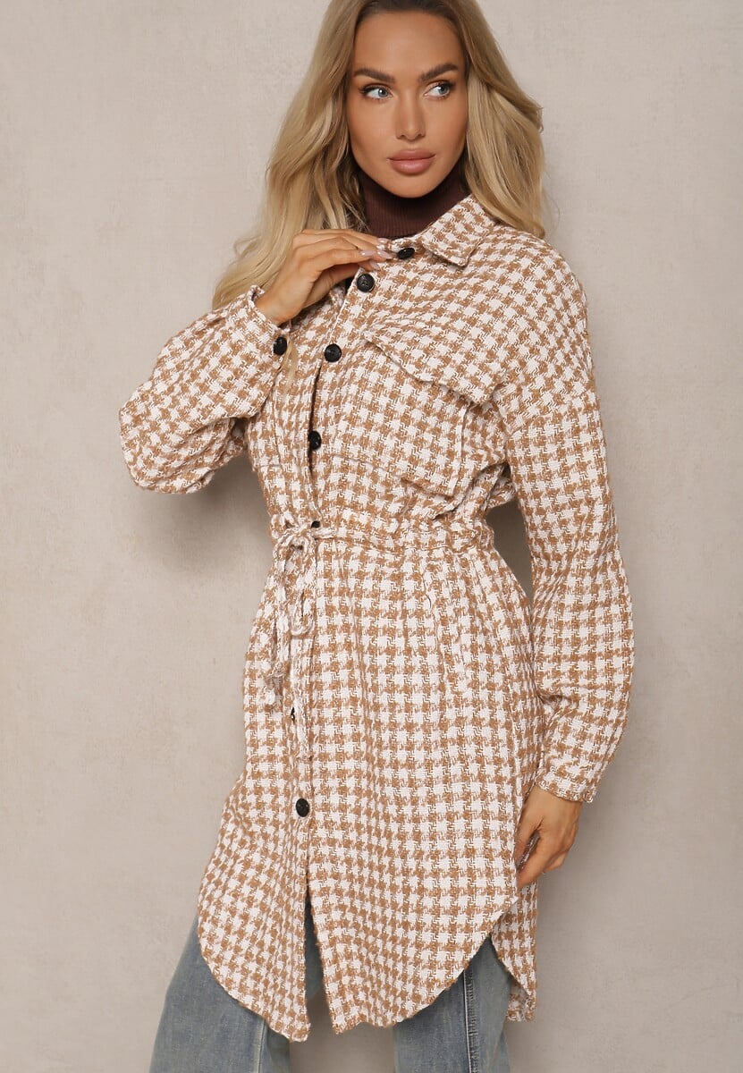 Brązowa Koszulowa Sukienka Szmizjerka w Kratkę Vichy z Kieszeniami i Paskiem Daislen