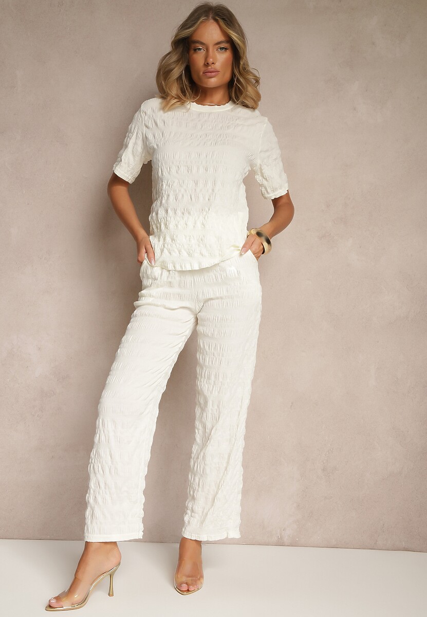 Biały Casualowy Komplet z Szerokimi Spodniami i T-shirtem Devineva