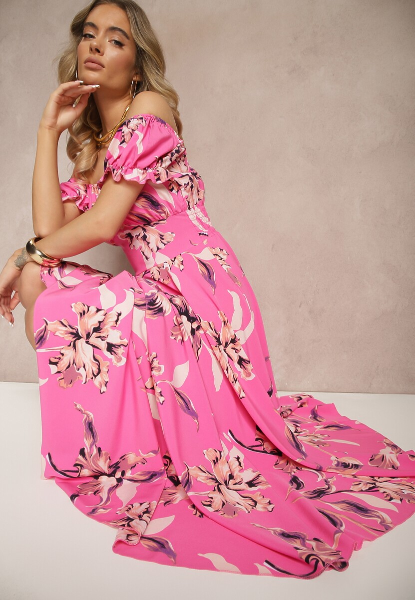 Niebieska Sukienka z Bawełną Rozkloszowana w Kwiatowy Print z Dekoltem Łódką Annirna