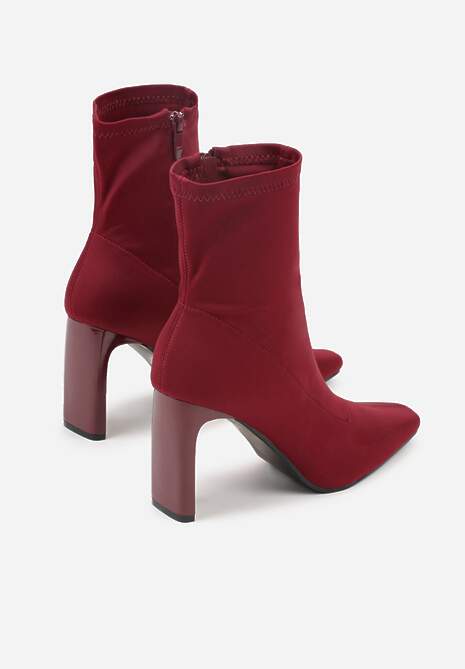 Bordowo-Czerwone Elastyczne Botki na Słupkowym Obcasie ze Szpiczastym Noskiem Atise