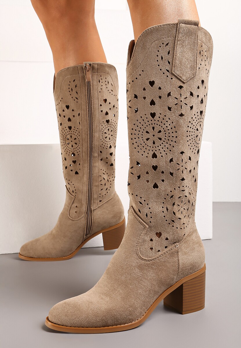 Ciemnobeżowe Ażurowe Kozaki w Stylu Boho na Słupku z Wkładką z Naturalnej Skóry Idracasa