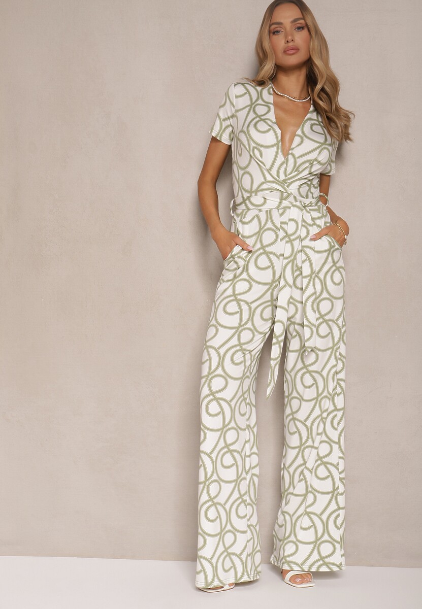 Zielony Kopertowy Kombinezon z Wiskozą Zdobiony Abstrakcyjnym Printem Evivola