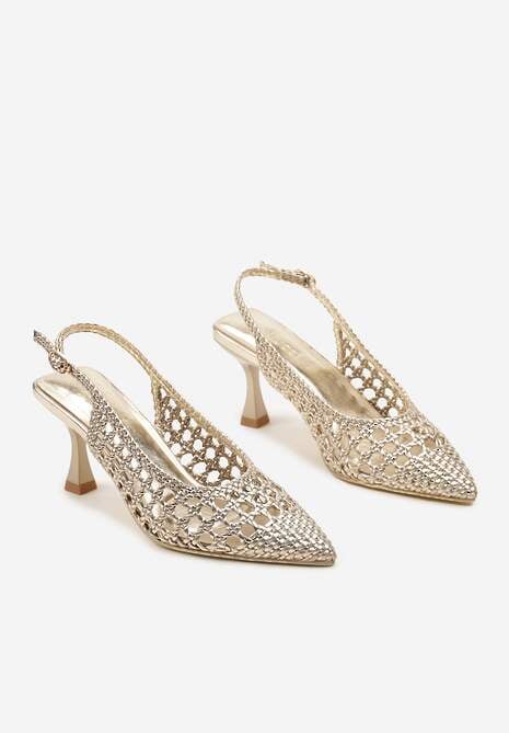 Złote Sandały z Plecioną Cholewką z Odkrytą Piętą i Niskim Obcasem Effinet