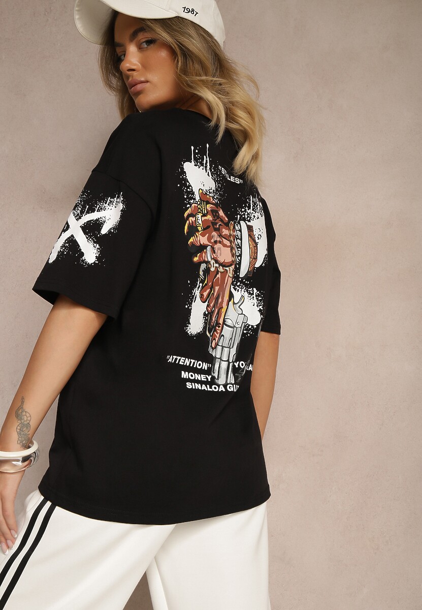 Czarna Koszulka Oversize z Bawełny Zdobiona Nadrukiem Nilravia