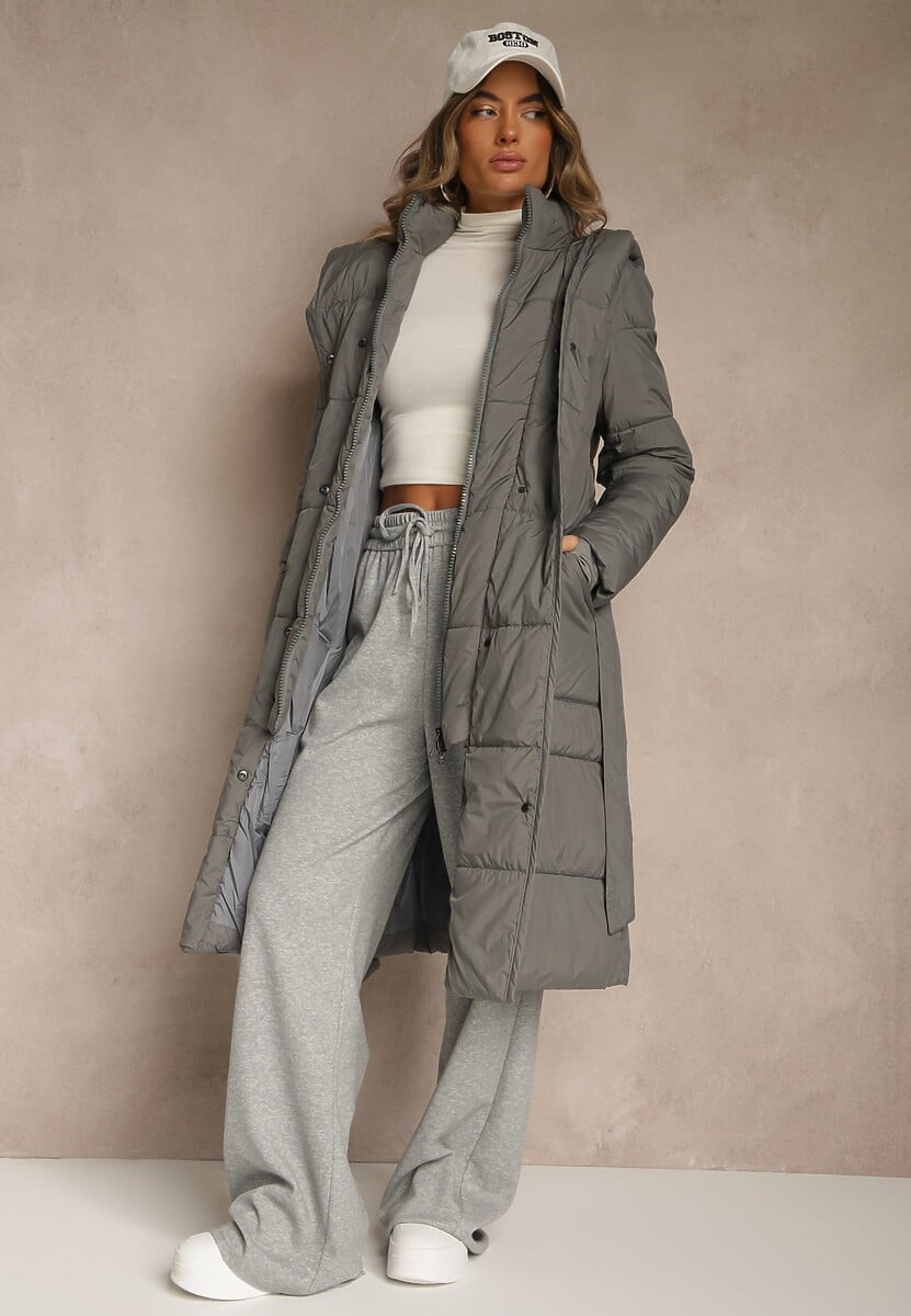 Ciemnoszara Długa Kurtka Pikowana z Kapturem i Podwójnym Kołnierzem Wiązana w Talii Ravilya