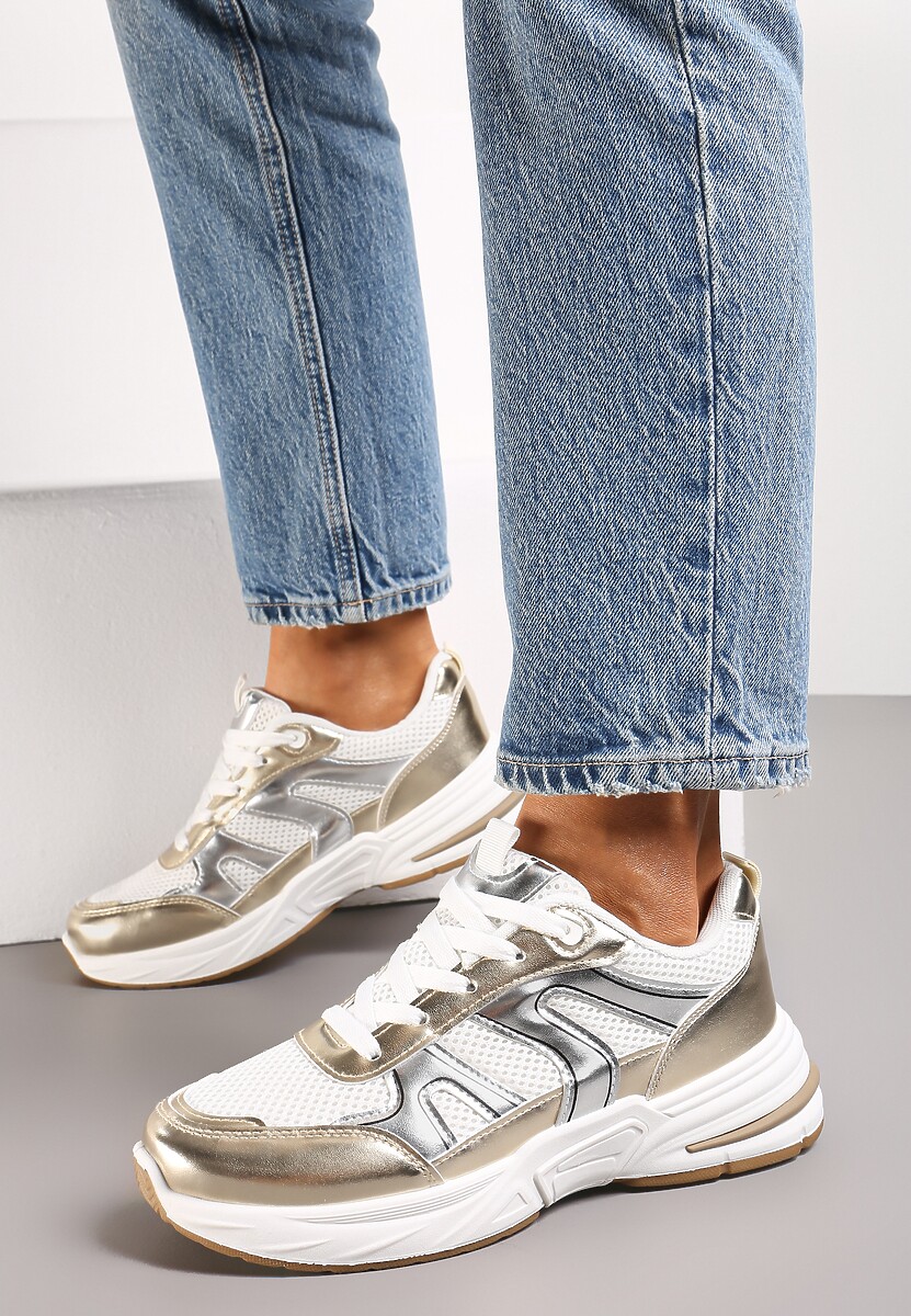 Złote Buty Sportowe Ozdobione Siateczką i Metalicznymi Wstawkami Lawinle