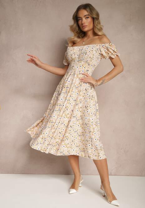 Żółta Rozkloszowana Sukienka w Kwiatowy Print z Bawełną i Dekoltem Łódką z Bufkami Saniren