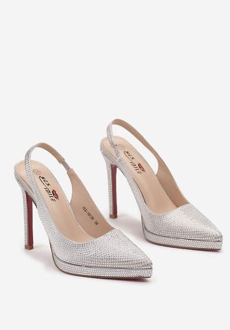 Srebrne Satynowe Sandały na Szpilce i Grubej Podeszwie z Ozdobnymi Cyrkoniami Lenaqia