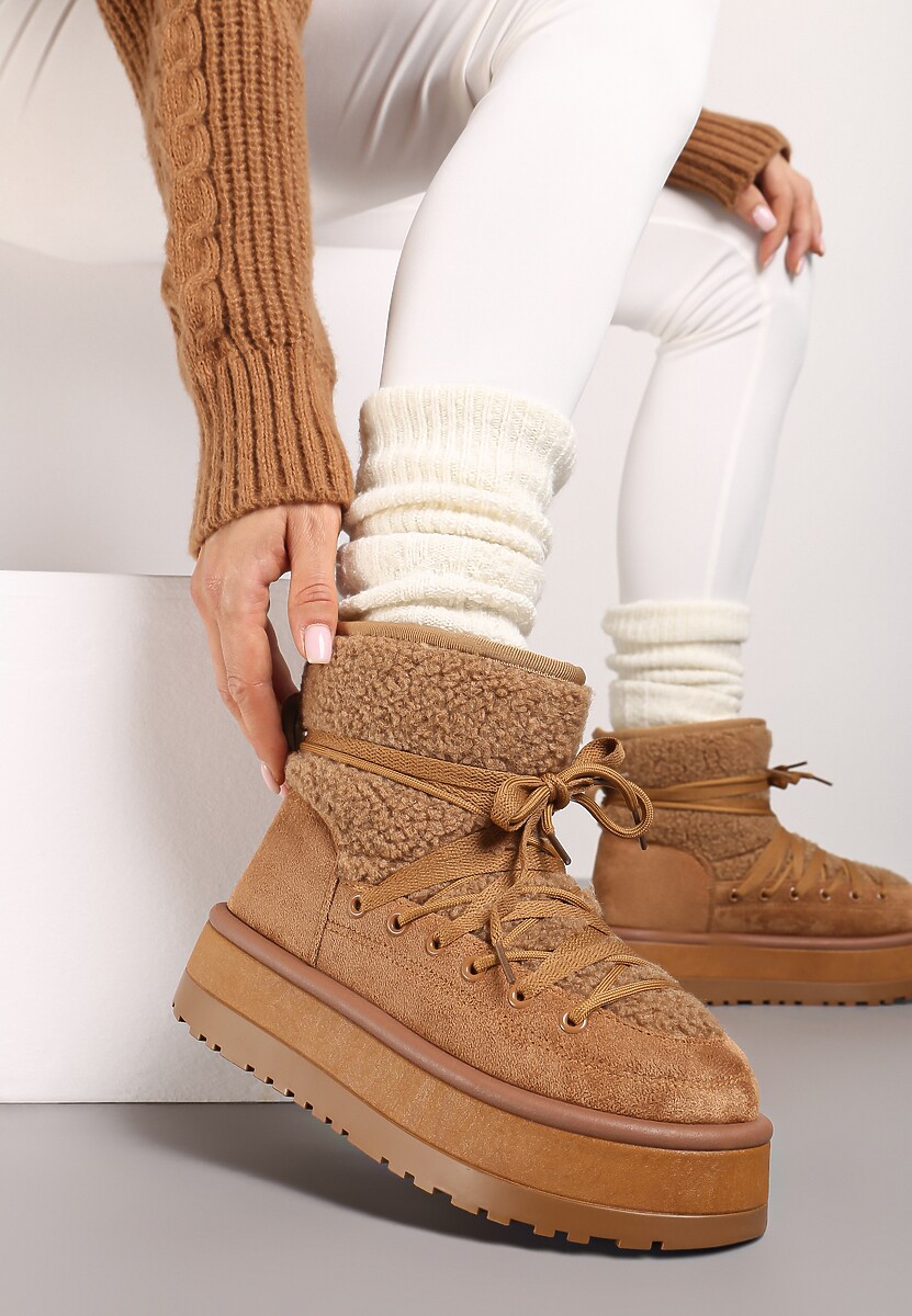 Brązowe Śniegowce na Platformie Ozdobione Sznurowaniem Sinessia