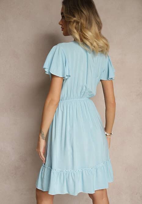 Niebieska Sukienka Rozkloszowana z Bawełny Ozdobiona Falbanami i Guzikami Zoliova