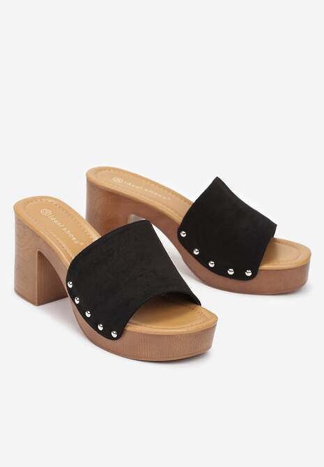Czarne Klapki Drewniaki na Słupku z Nitami i Szerokim Paskiem Otheie