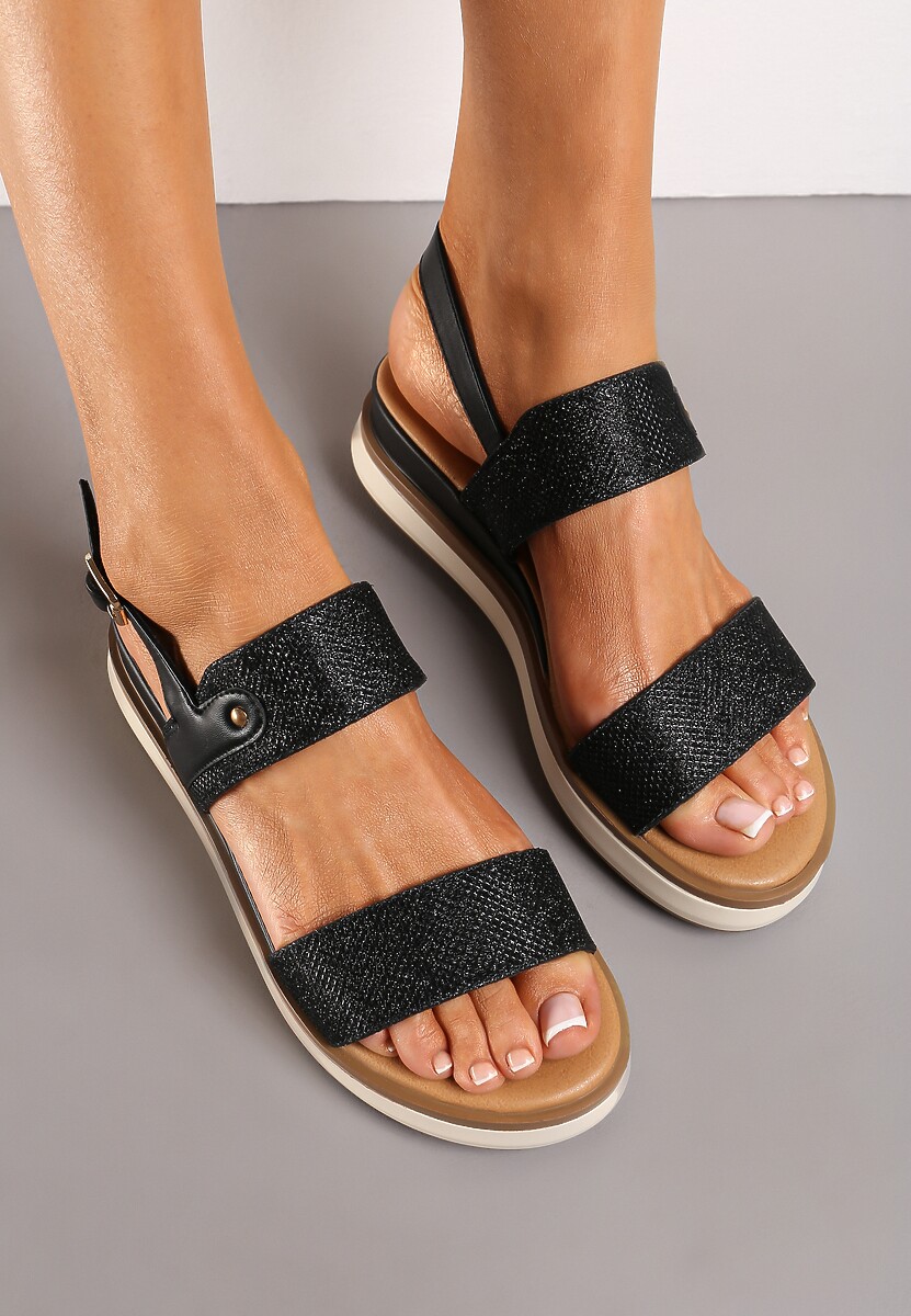 Czarne Brokatowe Płaskie Sandały Zapinane Wokół Kostki na Sprzączkę Bellisara