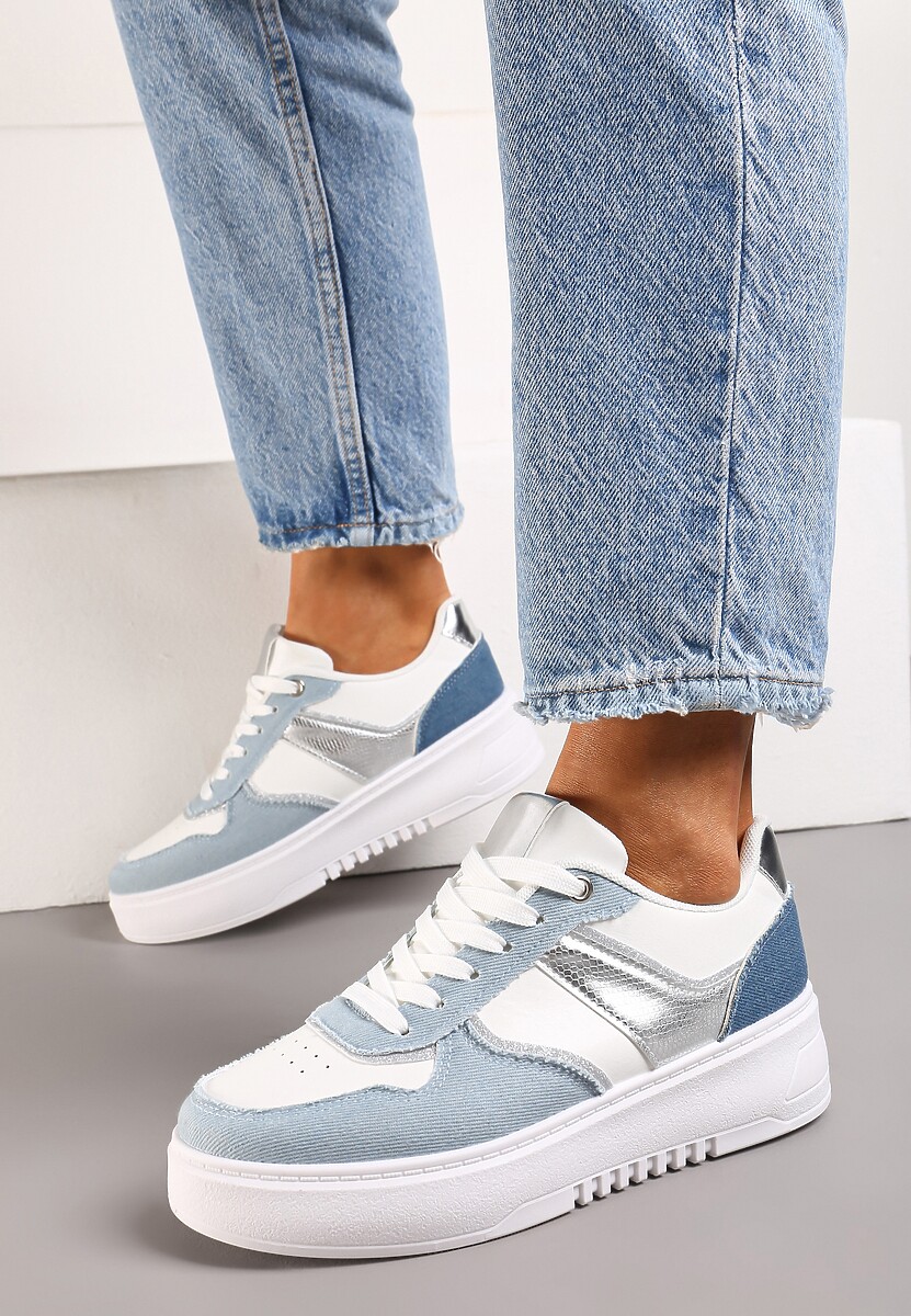 Biało-Niebieskie Sneakersy na Platformie z Brokatowymi Akcentami Sellona