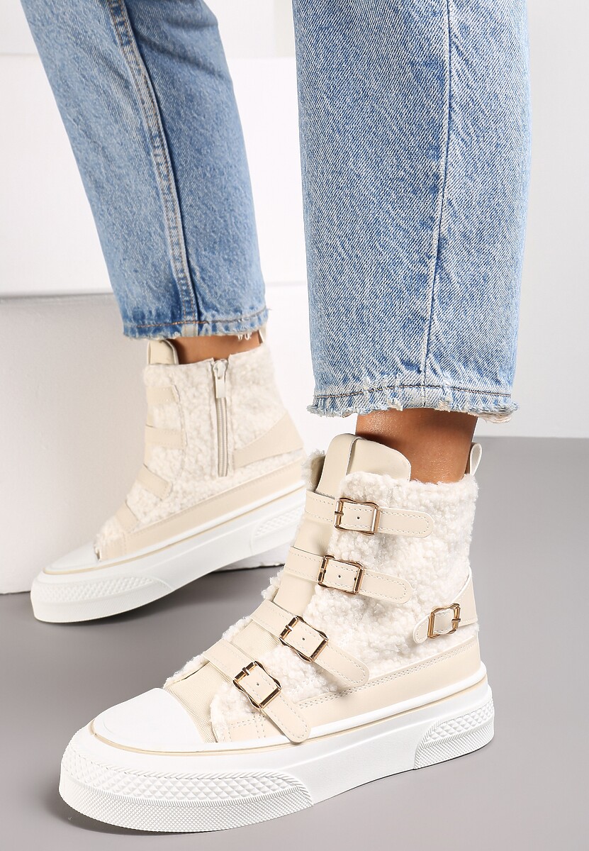 Beżowe Trampki na Grubej Podeszwie z Ozdobnymi Klamerkami Rokitta