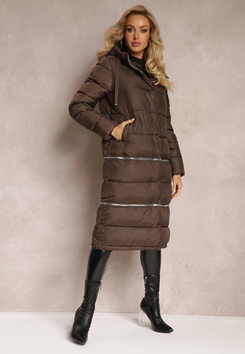 Brązowa Pikowana Kurtka Płaszcz z Kapturem i Regulowaną Długością Tirilele