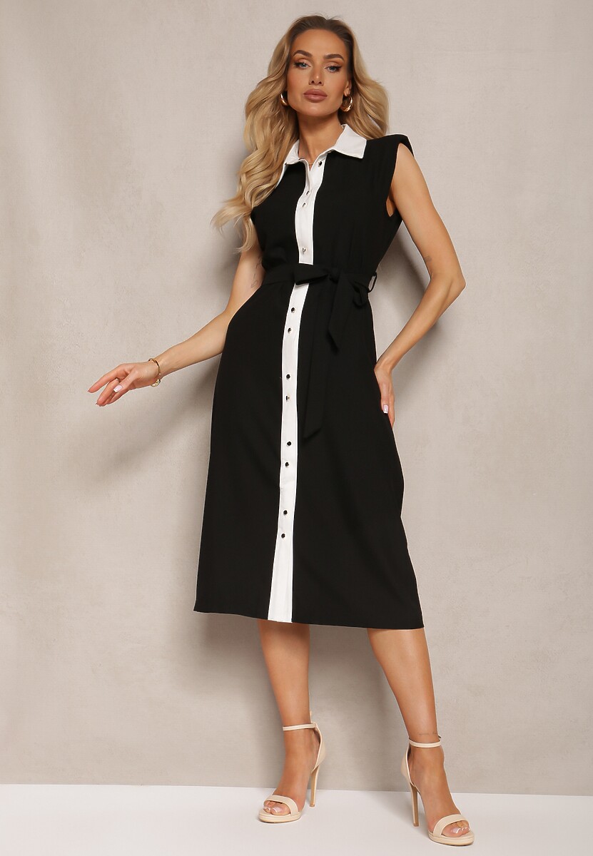 Czarna Elegancka Sukienka Koszulowa z Materiałowym Paskiem i Guzikami Ninelia